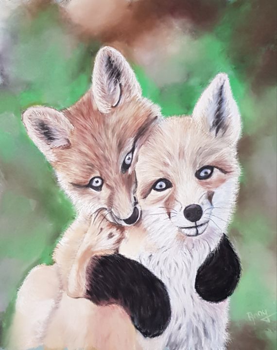 Pintura intitulada "Câlin de renardeaux…" por Anny Burtscher-Beaudoin, Obras de arte originais, Pastel