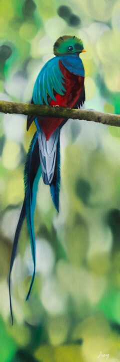 Painting titled "Le quetzal II" by Anong Lopes, Original Artwork, Oil Mounted on Wood Stretcher frame