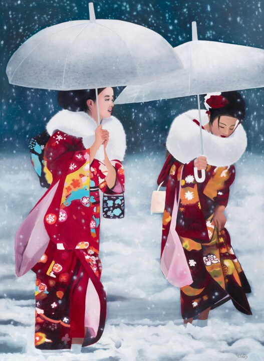 Painting titled "Japonaises sous la…" by Anong Lopes, Original Artwork, Oil Mounted on Wood Stretcher frame