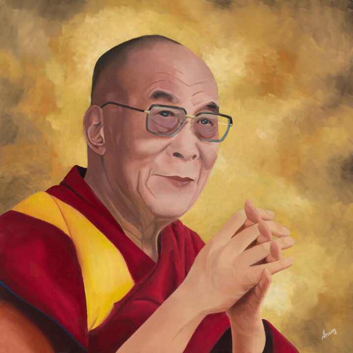 Painting titled "Dalaï-lama" by Anong Lopes, Original Artwork, Oil Mounted on Wood Stretcher frame
