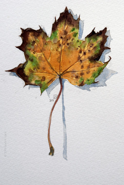 Pintura intitulada "feuille d'automne #6" por Anouk Tank, Obras de arte originais, Aquarela