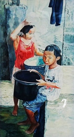 Painting titled "Holding a bucket" by Anoy, Original Artwork
