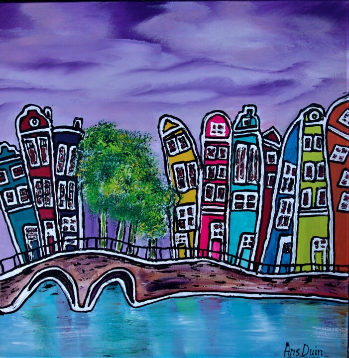 Schilderij getiteld "Red light district…" door Ans Duin, Origineel Kunstwerk, Acryl Gemonteerd op Houten paneel