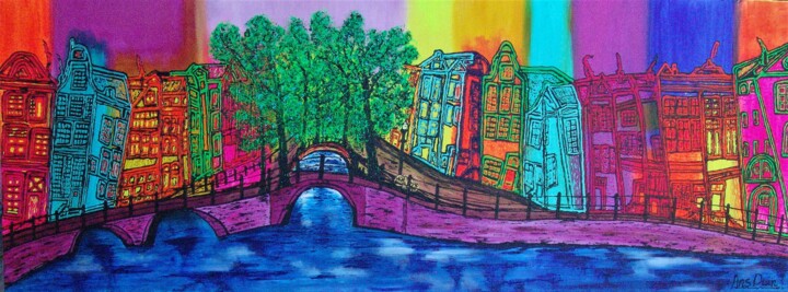 Schilderij getiteld "Amsterdam in colours" door Ans Duin, Origineel Kunstwerk, Acryl Gemonteerd op Houten paneel