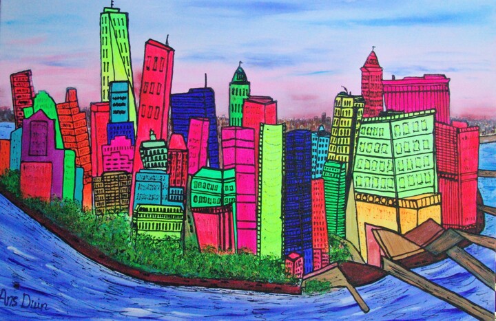 Schilderij getiteld "New York, Manhattan" door Ans Duin, Origineel Kunstwerk, Acryl Gemonteerd op Houten paneel