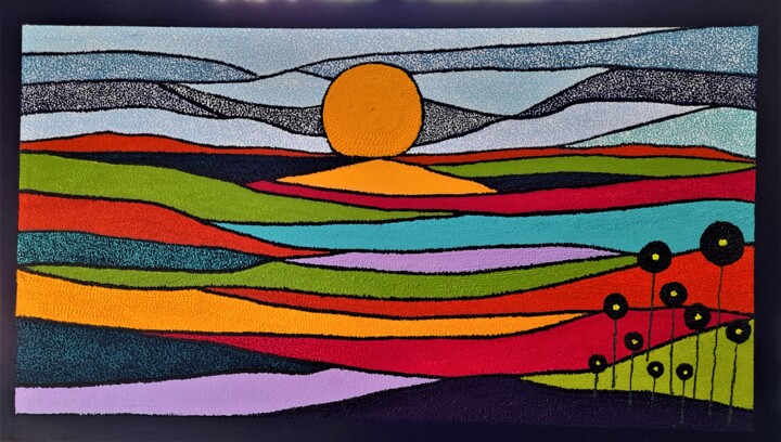 Schilderij getiteld "Dutch Bulb Fields" door Ans Duin, Origineel Kunstwerk, Acryl Gemonteerd op Aluminium