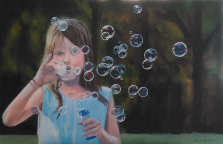 Painting titled "Blowing bubbles" by Ans Van Der Linden, Original Artwork, Acrylic