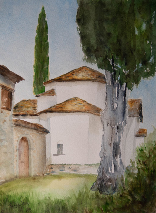 Painting titled "Monastère grec. Gre…" by Philippe Anselme, Original Artwork, Watercolor