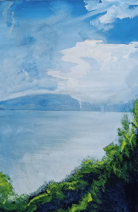 Malarstwo zatytułowany „Seascape with Mount…” autorstwa Anshu Prithvi Kumar (Anshu), Oryginalna praca, Akryl
