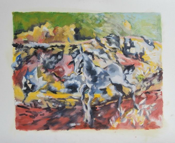Painting titled "le petit cheval bleu" by Anska, Original Artwork, Oil