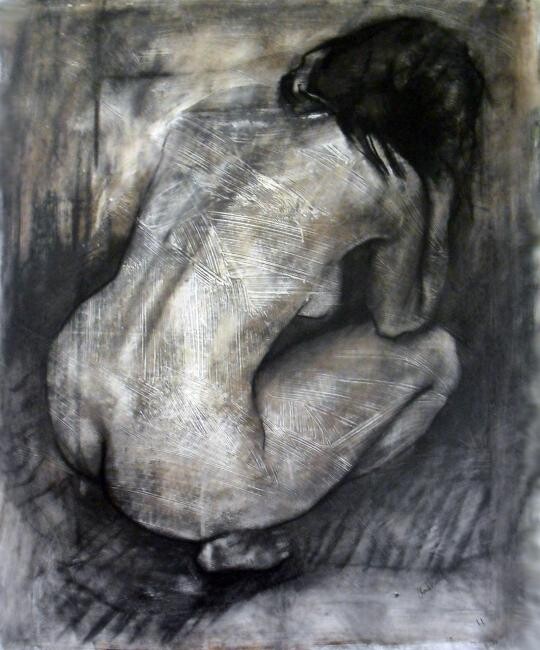 Malerei mit dem Titel "Crouching Girl" von Anthony Barrow, Original-Kunstwerk, Öl
