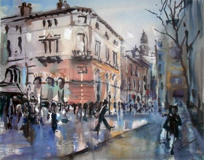 Pintura intitulada "Manchester Street" por Anthony Barrow, Obras de arte originais, Aquarela