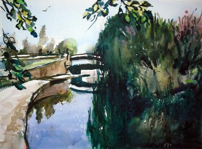 Pintura titulada "The Canal at Adling…" por Anthony Barrow, Obra de arte original, Acuarela