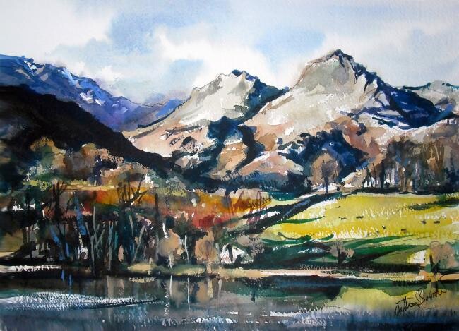 Painting titled "Langdale Pike" by Anthony Barrow, Original Artwork, Watercolor