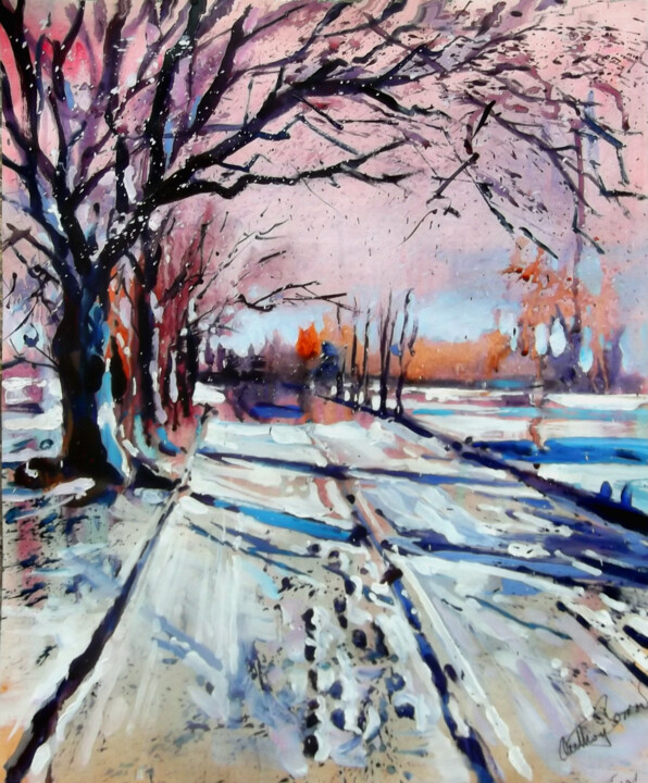 Painting titled "Snowy Lane." by Anthony Barrow, Original Artwork, Acrylic