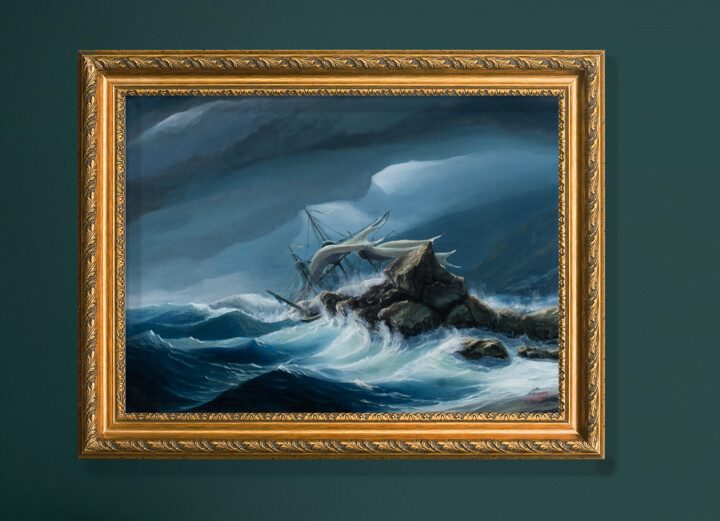 Painting titled "Le naufrage" by Anthony Colange, Original Artwork, Oil Mounted on Wood Stretcher frame
