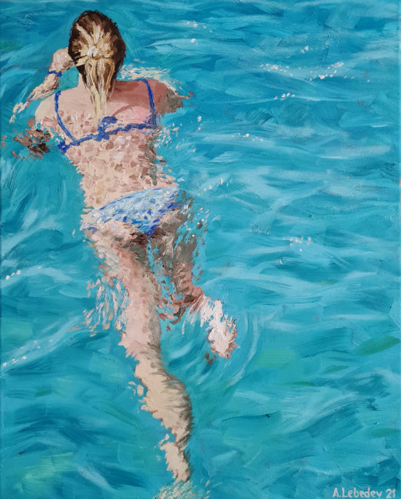 绘画 标题为“Swimmer II” 由Anthony Lebedev, 原创艺术品, 油 安装在木质担架架上
