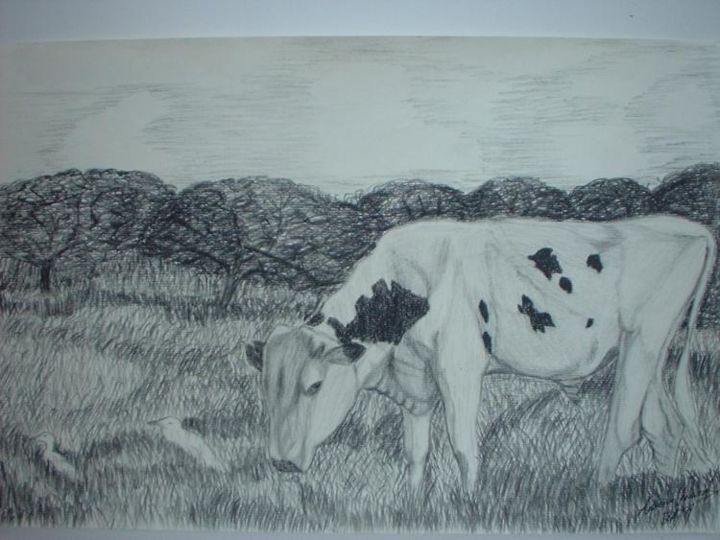 Drawing titled "Grazing Cow" by Anthony Yearwood, Original Artwork
