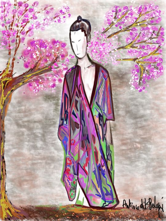 Digital Arts titled "la geisha et le cer…" by Antioco Dit Belapi, Original Artwork, Digital Painting
