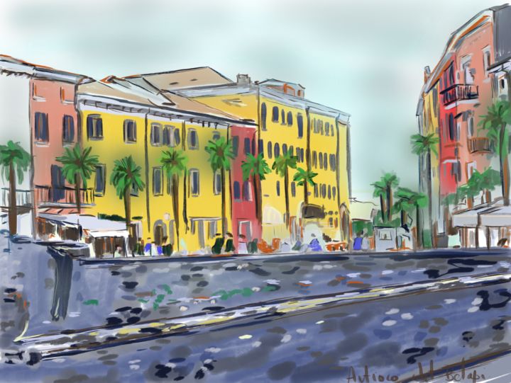 Digitale Kunst mit dem Titel "Une rue à Sirmione" von Antioco Dit Belapi, Original-Kunstwerk, Digitale Malerei