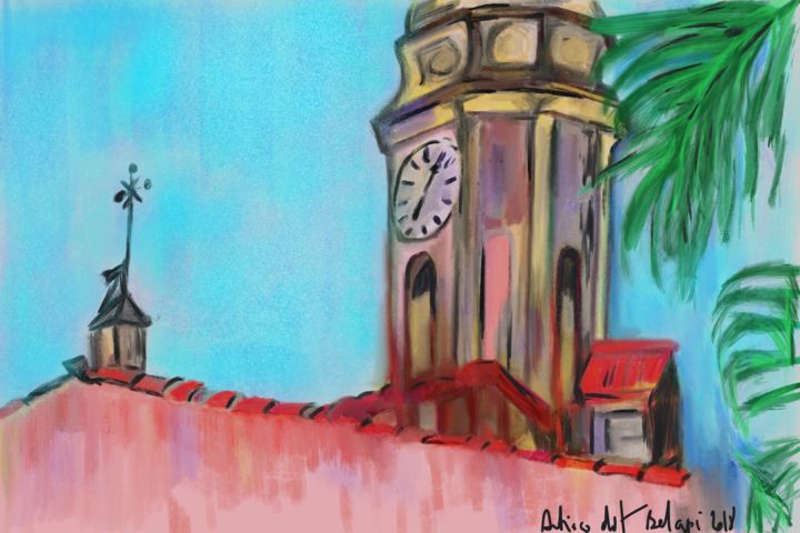 Digital Arts titled "Clocher à Menton" by Antioco Dit Belapi, Original Artwork, Digital Painting