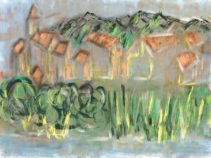 Digital Arts titled "village au bord de…" by Antioco Dit Belapi, Original Artwork, Digital Painting