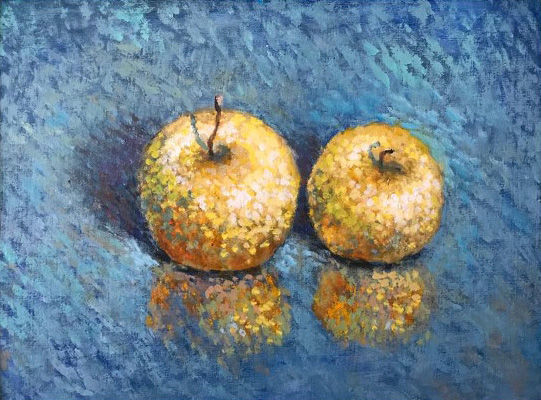 绘画 标题为“Apples on blue” 由Yuriy Piskunov, 原创艺术品, 油