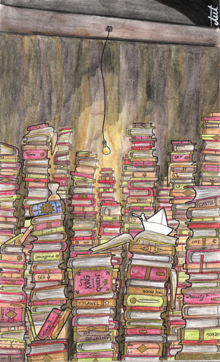 Desenho intitulada "Old library" por Antoine Aizier, Obras de arte originais, Aquarela