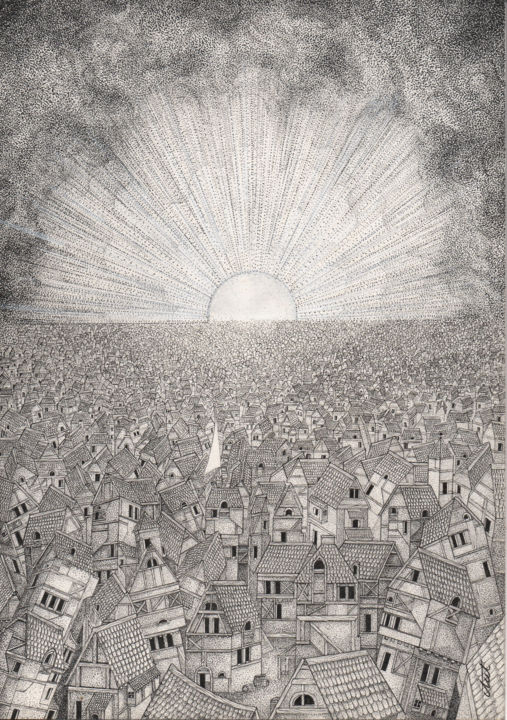 Dibujo titulada "Sea of habitations" por Antoine Aizier, Obra de arte original, Tinta