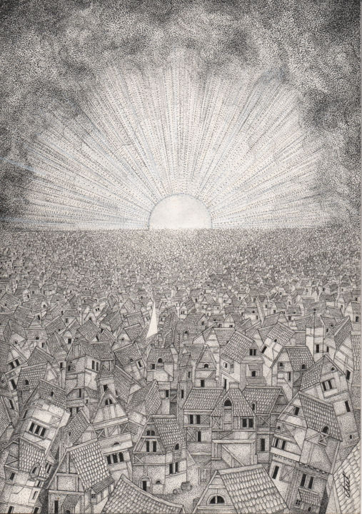Σχέδιο με τίτλο "Sea of Habitations…" από Antoine Aizier, Αυθεντικά έργα τέχνης, Μελάνι