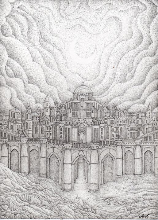 Dibujo titulada "Jerusalem Celest" por Antoine Aizier, Obra de arte original, Tinta