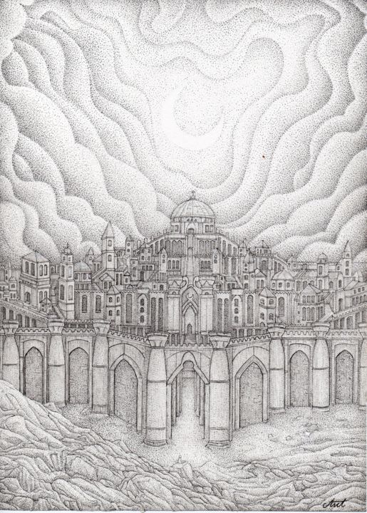 Tekening getiteld "Jerusalem Celest" door Antoine Aizier, Origineel Kunstwerk, Inkt