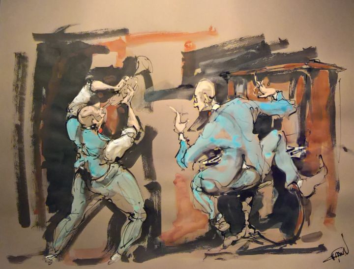 Painting titled "46 Les deux bleus" by Antoine Faure, Original Artwork, Gouache