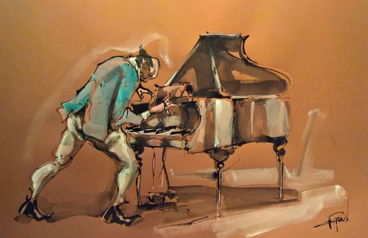 Malerei mit dem Titel "49 Le pianiste" von Antoine Faure, Original-Kunstwerk, Gouache