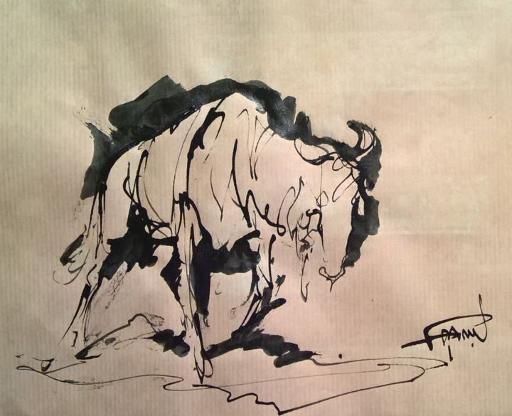 Drawing titled "92 Le gnou seul" by Antoine Faure, Original Artwork, Ink