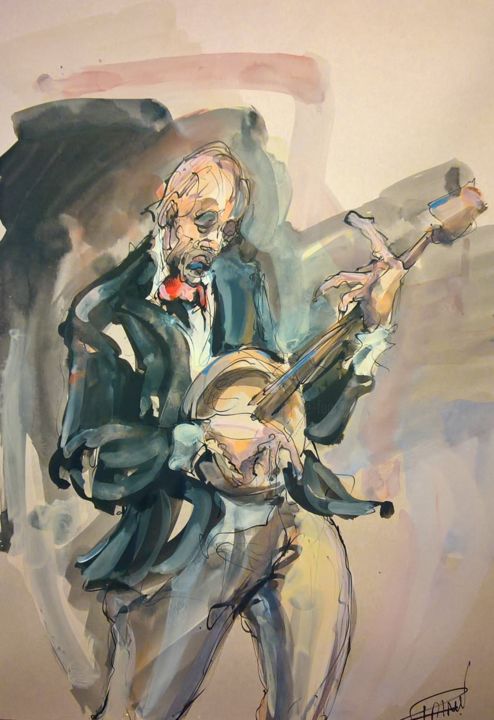 제목이 "201 Le banjo"인 미술작품 Antoine Faure로, 원작, 구아슈