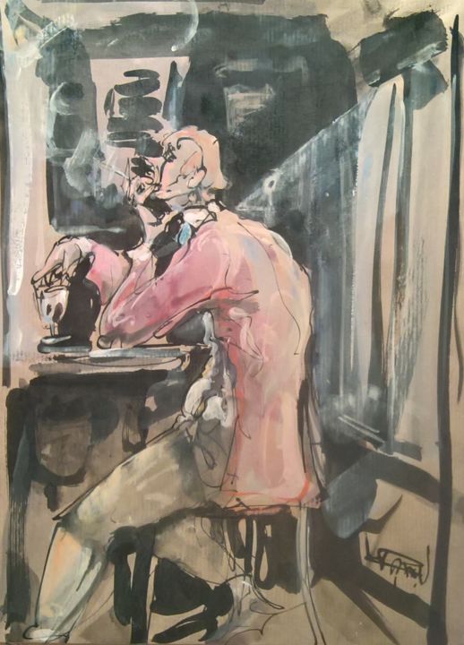 Dessin intitulée "75 Mélancolie au bar" par Antoine Faure, Œuvre d'art originale, Gouache