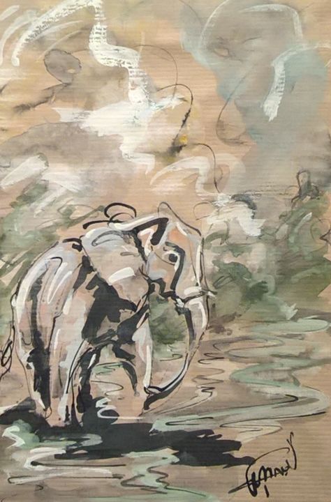 Peinture intitulée "117 jeune éléphant…" par Antoine Faure, Œuvre d'art originale, Gouache