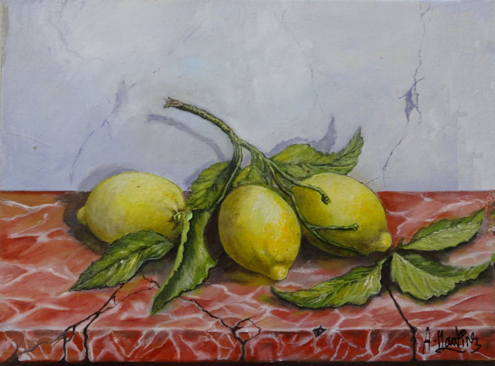 Painting titled "citrons" by Antoine Martinez, Original Artwork, Oil
