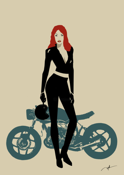 Digital Arts titled "cafe-racer-girl" by Antoine Mouton, Original Artwork, Digital Painting