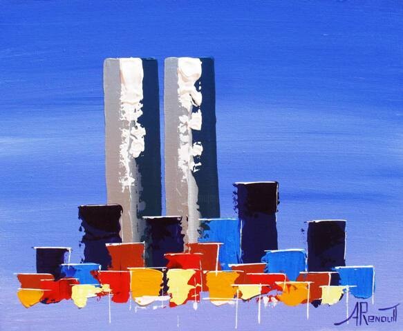 Painting titled "Blue Twin Tower NYC" by Antoine Renault, Original Artwork