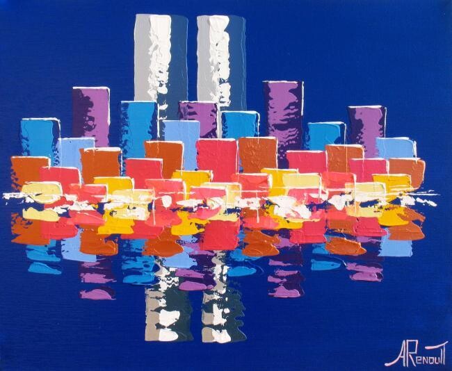 Painting titled "Blue Towers Skyline" by Antoine Renault, Original Artwork