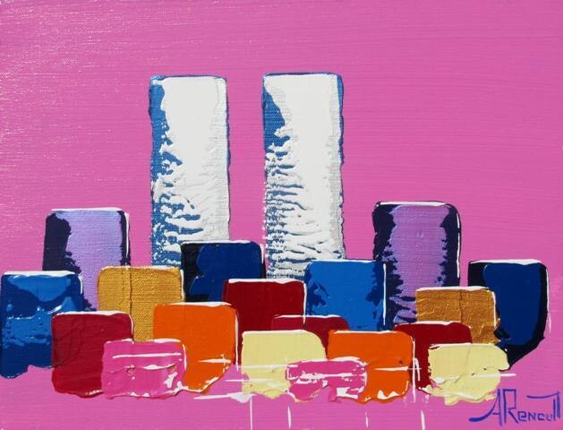 Painting titled "Pink two Towers" by Antoine Renault, Original Artwork