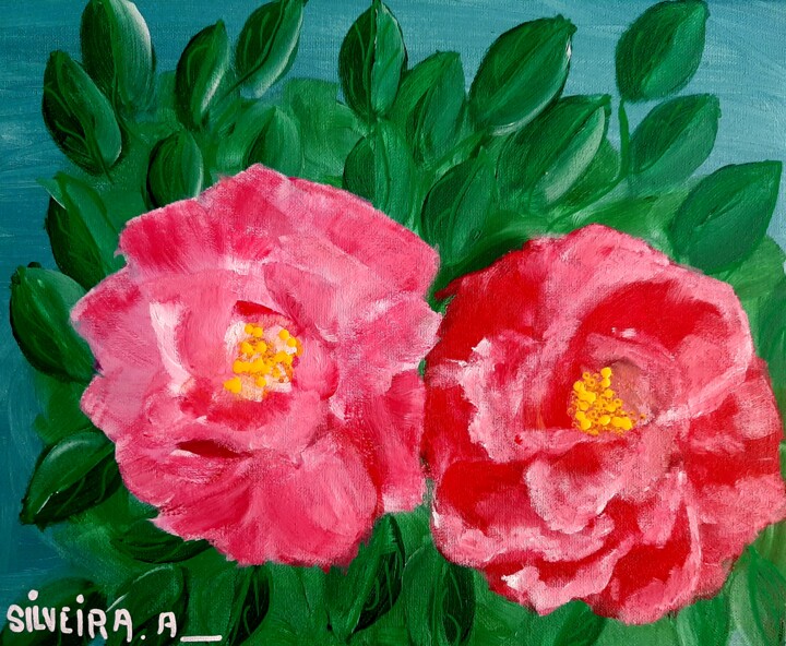 Painting titled "Fleurs roses" by Antoine Silveira, Original Artwork, Acrylic