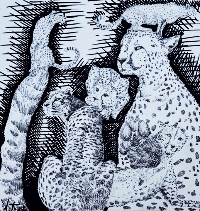 Disegno intitolato "felinitá" da Antoine Talon, Opera d'arte originale, Biro