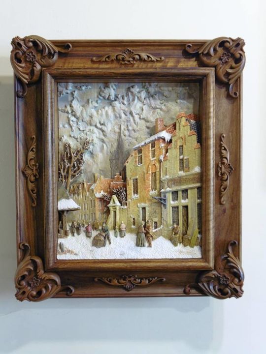 Γλυπτική με τίτλο "People at snowy str…" από Антон Бедлецкий, Αυθεντικά έργα τέχνης, Ξύλο