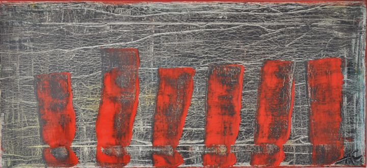 Painting titled "Red fence" by Anton Carduus, Original Artwork, Oil Mounted on Wood Stretcher frame