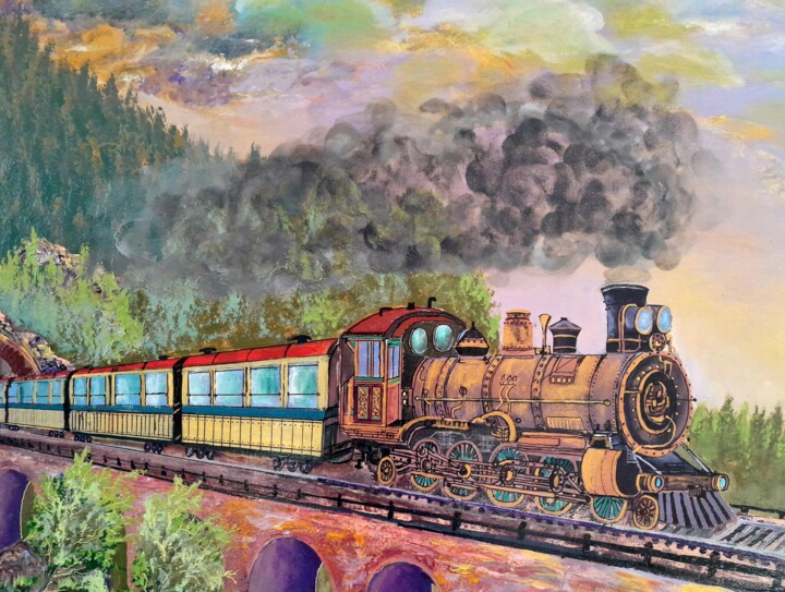 Painting titled "tableau "Locomotive"" by Anton Zapotochnyi, Original Artwork, Acrylic Mounted on Wood Stretcher frame