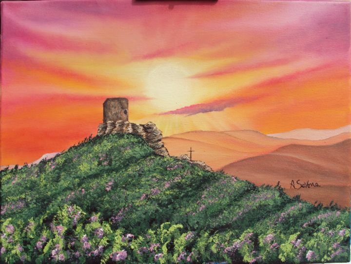 Malerei mit dem Titel "tramonto corleonese" von Antonella Savona, Original-Kunstwerk, Öl