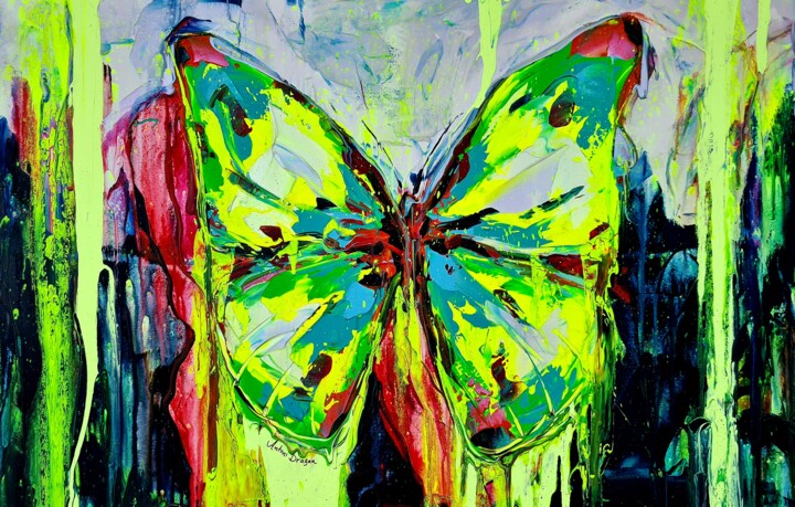 Painting titled "Popart butterfly gr…" by Antoni Dragan, Original Artwork, Acrylic Mounted on Wood Stretcher frame